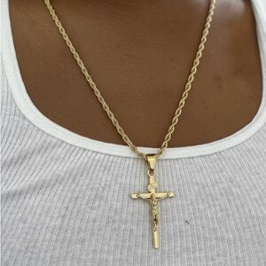 Small Cross Pendant With Rope Chain (Gold Plated)